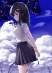  1girl bangs black_hair black_skirt blue_sky blurry blurry_background blurry_foreground blush breasts closed_mouth cloud cloudy_sky day depth_of_field eyebrows_visible_through_hair hair_between_eyes hair_ornament hairclip highres holding long_hair original outdoors pleated_skirt profile purple_eyes school_uniform shirt short_sleeves skirt sky small_breasts smile solo standing summer too-ye white_shirt 