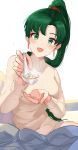  1girl :d alternate_costume bangs blanket blush breasts dress eyebrows_visible_through_hair fire_emblem fire_emblem:_rekka_no_ken fire_emblem_heroes food green_eyes green_hair grey_sweater head_tilt heart high_ponytail highres holding holding_spoon incoming_food large_breasts long_hair long_sleeves looking_at_viewer lyndis_(fire_emblem) nintendo open_mouth ormille parted_bangs ponytail simple_background sitting smile solo spoon steam sweater sweater_dress white_background 