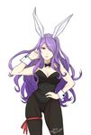  animal_ears bunny_ears bunnysuit camilla_(fire_emblem_if) cleavage_cutout fire_emblem fire_emblem_heroes fire_emblem_if hair_over_one_eye highres kyou_(ningiou) long_hair looking_at_viewer pantyhose purple_hair simple_background smile solo white_background 