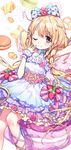  ;) bow cross-laced_footwear food food_themed_background food_themed_ornament fruit futaba_anzu hair_bow idolmaster idolmaster_cinderella_girls joypyonn long_hair macaron one_eye_closed polka_dot polka_dot_bow ribbon smile solo strawberry very_long_hair 