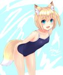  :d animal_ear_fluff animal_ears aqua_eyes artist_name blonde_hair blue_background blue_eyes competition_school_swimsuit eyebrows_visible_through_hair fox_ears fox_tail highres looking_at_viewer one-piece_swimsuit open_mouth original short_hair signature smile sogaya solo swimsuit tail 