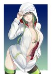  breasts cleavage contrapposto cowboy_shot green_eyes green_hair hair_over_breasts hand_in_pocket highres hood hoodie jacket jikeshi large_breasts long_hair looking_away open_clothes open_jacket original panties sidelocks solo standing striped striped_legwear striped_panties thighhighs underwear unzipped 