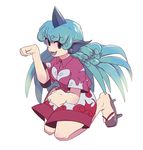  :d alternate_eye_color aqua_eyes aqua_hair bad_id bad_pixiv_id banned_artist bare_arms bare_legs breasts buttons cloud_print collared_shirt curly_hair eyebrows_visible_through_hair fang full_body geta highres horn kariyushi_shirt kneeling komano_aun legs_apart long_hair looking_away looking_to_the_side medium_breasts open_mouth paw_pose raised_eyebrows red_shirt shirt short_sleeves shorts simple_background smile solo tareme tongue touhou twiggytom very_long_hair white_background white_shorts 