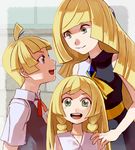  2girls blonde_hair blush braid dress family gem gladio_(pokemon) green_eyes hands_on_another's_shoulders highres lillie_(pokemon) long_hair looking_at_another looking_at_viewer lusamine_(pokemon) mother_and_daughter mother_and_son multiple_girls pokemon pokemon_(anime) pokemon_sm_(anime) smile twin_braids upper_body younger yu_(mekeneko1998) 