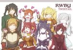  6+girls black_hair blake_belladonna blonde_hair closed_eyes embarrassed gloves grin jaune_arc kaogei_moai lie_ren looking_at_viewer multiple_boys multiple_girls nora_valkyrie pyrrha_nikos red_hair ruby_rose rwby smile twintails weiss_schnee yang_xiao_long 