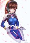  2017 :3 acronym animal_print artist_name bangs blue_bodysuit bodysuit boots bracer breasts breasts_apart brown_eyes brown_hair bunny_print cherry_blossoms closed_mouth d.va_(overwatch) dated eyelashes facepaint facial_mark flower full_body gloves hands_up head_tilt headphones heart heart_hands highres long_hair looking_at_viewer medium_breasts on_floor overwatch pauldrons petals pilot_suit pink_lips shiny shiny_clothes shogakusei_aki shoulder_pads sitting skin_tight smile solo swept_bangs thigh_boots thigh_strap thighhighs turtleneck v-shaped_eyebrows whisker_markings white_footwear white_gloves yokozuwari 