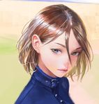  arata_yokoyama blurry brown_eyes brown_hair buckle buttons closed_mouth expressionless eyebrows_visible_through_hair gradient gradient_background hair_between_eyes highres lips original realistic shiny shiny_hair short_hair solo upper_body 