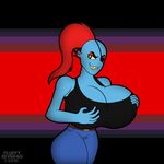  2016 anthro big_breasts breasts cleavage clothed clothing eye_patch eyewear female fish fluffyeevee40 grin hair huge_breasts long_hair looking_at_viewer marine red_hair smile solo undertale undyne video_games yellow_eyes 