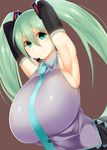  absurdres aqua_eyes aqua_hair armpits arms_up breasts brown_background detached_sleeves facominn gigantic_breasts hatsune_miku highres long_hair looking_at_viewer naughty_face necktie sideboob simple_background skirt smile solo vocaloid 