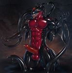  abs dragon dripping erection horn open_mouth orange_eyes pecs penis rakisha red_tongue rubber shiny solo vein wings 