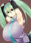  absurdres aqua_eyes aqua_hair armpits arms_up breasts brown_background cum cum_on_body cum_on_upper_body detached_sleeves facominn gigantic_breasts hatsune_miku highres huge_breasts long_hair looking_at_viewer naughty_face necktie sideboob simple_background skirt smile solo steam vocaloid 