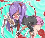  animal_ears aqua_background bangs blood blush brown_footwear bunny_ears commentary_request cookie_(touhou) eyebrows_visible_through_hair guro hair_between_eyes hand_on_own_knee highres hisui_(cookie) holding holding_ears kneehighs leaning_forward long_hair long_sleeves looking_at_viewer marakasutintin necktie nose_blush nosebleed open_mouth pink_skirt pleated_skirt purple_hair red_eyes red_neckwear reisen_udongein_inaba shoes sidelocks skirt smile solo tears touhou trembling v white_legwear 