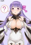  ? bangs bare_shoulders blush breasts claws cleavage cleavage_cutout cosplay curry_soba detached_sleeves dress eyebrows eyebrows_visible_through_hair fate/extra fate/extra_ccc fate_(series) hair_ribbon highres huge_breasts kantai_collection long_hair open_mouth passion_lip pink_eyes purple_hair ribbed_dress ribbon seaport_water_oni seaport_water_oni_(cosplay) short_dress simple_background solo speech_bubble spoken_question_mark sweatdrop thigh_gap very_long_hair white_dress 
