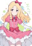  3: absurdres blonde_hair bow brown_eyes closed_mouth dress dress_lift embarrassed eromanga_sensei hair_bow highres lolita_fashion long_hair looking_to_the_side pantie_painting pantyhose pink_dress pointy_ears red_bow solo tears wavy_mouth yamada_elf 