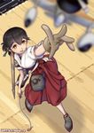  aircraft airplane black_hair blurry brown_eyes depth_of_field flight_deck foreshortening gloves hakama japanese_clothes kantai_collection kasuga_maru_(kantai_collection) mokerou partly_fingerless_gloves red_hakama short_hair short_sleeves solo yugake 