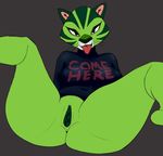  anthro bottomless breasts butt clothed clothing english_text feline female fur green_fur looking_at_viewer mammal open_mouth presenting pussy samurai_jack simple_background solo text tiger tongue unknown_artist 