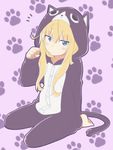  animal_costume animal_hood annoyed barefoot blonde_hair blue_eyes blush cat_costume cat_hood cat_pajamas gabriel_dropout highres hood jitome kuro_neko_(artist) long_hair paw_background paw_pose seiza sitting solo tenma_gabriel_white 