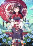  blue_flower blush bow breasts character_request cleavage cleavage_cutout eyebrows_visible_through_hair flower hair_flower hair_ornament large_breasts long_hair looking_at_viewer open_mouth parasol purple_eyes qurare_magic_library red_bow shoonia sitting solo umbrella 