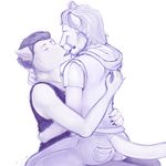  anthro beard black_hair canine claws clothed clothing cougar crossdressing dog ears_down embrace eyes_closed facial_hair feline french_kissing fully_clothed fur hair hoodie hug jeans kissing mammal marjani monochrome pants purple_and_white romantic_couple simple_background sketch white_background 