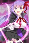  :d bb_(fate)_(all) bb_(fate/extra_ccc) black_legwear blush breasts fate/extra fate/extra_ccc fate_(series) gloves hair_ribbon high-waist_skirt highres holding holding_wand large_breasts long_hair magic open_mouth panties pantyshot pantyshot_(standing) purple_eyes purple_hair ribbon shirt skirt smile solo standing thighhighs tomozero underwear v-shaped_eyebrows very_long_hair wand white_gloves white_panties white_shirt 