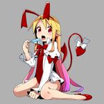  bare_legs bat_wings blonde_hair bow bowtie demon_tail disgaea flonne flonne_(fallen_angel) food gradient_hair grey_background hairband long_hair looking_at_viewer mei_mu multicolored_hair open_mouth pink_hair popsicle red_bow red_eyes red_hairband red_wings simple_background sitting solo tail tail_bow tongue tongue_out wariza white_bow wings 