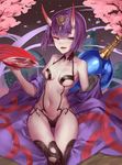  :d alcohol atorosu bare_shoulders blush breasts cherry_blossoms cup eyebrows_visible_through_hair fangs fate/grand_order fate_(series) horns japanese_clothes kimono looking_at_viewer navel oni oni_horns open_clothes open_kimono open_mouth petals pouring purple_eyes purple_hair sakazuki sake short_hair shuten_douji_(fate/grand_order) sitting small_breasts smile solo thigh_gap 