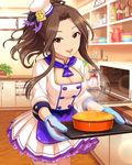  apron artist_request breasts brown_hair cake cleavage dress food hat holding idolmaster idolmaster_cinderella_girls kitchen komuro_chinami long_hair looking_at_viewer medium_breasts mittens official_art open_mouth oven oven_mitts patissier plant ponytail red_eyes smile solo 