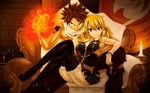  1boy 1girl blonde_hair candle chair fairy_tail fire key looking_at_viewer lucy_heartfilia magic natsu_dragneel pink_hair sitting smile twintails 