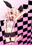  animal_ears arm_up armpits black_bow black_neckwear black_shorts blonde_hair bow bowtie checkered checkered_background crop_top eyebrows_visible_through_hair fake_animal_ears fangs fishnet_legwear fishnets hair_ribbon high_heels midriff navel one_eye_closed open_mouth red_eyes red_footwear ribbon rumia shamo_(koumakantv) shoes shorts solo suspenders thighhighs touhou v wrist_cuffs 