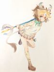  :&lt; animal_ears antlers arms_at_sides beige_background beige_vest blonde_hair blue_eyes blue_hair brown_footwear brown_hair brown_legwear closed_mouth extra_ears eyebrows_visible_through_hair eyelashes full_body hair_between_eyes high_ponytail highres holding holding_weapon jpeg_artifacts kemono_friends kneehighs leg_lift light_brown_hair loafers long_sleeves looking_at_viewer multicolored multicolored_clothes multicolored_hair multicolored_legwear platform_footwear pleated_skirt ponytail raymie0124 scarf shirt shoes short_hair short_ponytail sivatherium_(kemono_friends) skirt snake socks solo standing standing_on_one_leg tail tareme traditional_media two-tone_legwear v-shaped_eyebrows vest weapon white_hair yellow_legwear 