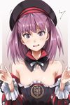  areola_slip areolae bare_shoulders collarbone fate/grand_order fate_(series) frills hat helena_blavatsky_(fate/grand_order) open_mouth pt purple_eyes purple_hair short_hair solo sweat upper_body 
