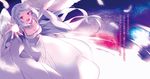  1girl :d angel angel_wings archangel_lailah braid breasts cleavage crown_braid dress feathers hataraku_maou-sama! highres large_breasts long_dress long_hair looking_at_viewer novel_illustration official_art open_mouth outstretched_arms red_eyes smile solo translation_request white_dress white_hair wings 