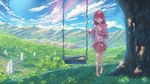  barefoot brown_eyes brown_hair cloud cloudy_sky day fateline_alpha highres landscape long_hair looking_at_viewer open_mouth planet rin_(shelter) scenery shelter_(music_video) sky solo standing swing tablet tree wide_shot 