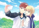  1girl :d ahoge artoria_pendragon_(all) blonde_hair blue_eyes bow brown_eyes cellphone emiya_shirou fate/stay_night fate_(series) fateline_alpha green_eyes hair_bow highres jacket open_mouth phone red_hair saber scarf sidelocks smartphone smile 