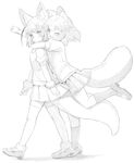  ;d alternate_footwear animal_ears arm_up arms_at_sides blush clenched_hand common_raccoon_(kemono_friends) eyebrows_visible_through_hair eyelashes fennec_(kemono_friends) fox_ears full_body fur_trim gloves greyscale hug hug_from_behind jpeg_artifacts katagishi kemono_friends kneehighs leg_lift looking_at_viewer mary_janes monochrome multicolored_hair multiple_girls neck_ribbon o3o one_eye_closed open_mouth pleated_skirt puckered_lips puffy_short_sleeves puffy_sleeves raccoon_ears raccoon_tail ribbon shadow shirt shoes short_hair short_sleeve_sweater short_sleeves simple_background skirt smile socks sweater tail tareme thighhighs v-shaped_eyebrows walking white_background zettai_ryouiki 