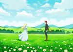  1girl artoria_pendragon_(all) boots brown_footwear commentary_request day dress emiya_shirou fate/stay_night fate_(series) fateline_alpha field flower green_eyes hair_down knee_boots landscape long_hair profile red_hair saber scarf short_hair white_dress 