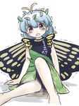  antennae bangs bare_arms bare_legs barefoot blue_hair blush breasts brown_eyes butterfly_wings crying crying_with_eyes_open d: dress eternity_larva eyebrows_visible_through_hair frown hair_between_eyes hair_ornament itatatata leaf_hair_ornament looking_at_viewer multicolored multicolored_clothes multicolored_dress open_mouth pee peeing peeing_self scared short_hair short_sleeves simple_background sitting small_breasts solo steam streaming_tears tareme tears touhou trembling white_background wings yellow_wings 