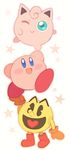  blush gen_1_pokemon gloves jigglypuff kirby kirby_(series) looking_at_viewer no_humans open_mouth pac-man pac-man_(game) pokemon pokemon_(creature) smile super_smash_bros. wusagi2 