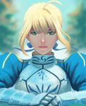  ahoge artoria_pendragon_(all) bad_id bad_pixiv_id blonde_hair bow fate/stay_night fate_(series) fateline_alpha gauntlets green_eyes hair_bow highres lips looking_at_viewer saber sidelocks solo 