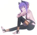  absurdres ankle_wrap barefoot black_hairband breasts dark_skin fate/prototype fate/prototype:_fragments_of_blue_and_silver fate_(series) feet hairband hassan_of_serenity_(fate) highres kujuu_shikuro looking_at_viewer medium_breasts navel purple_eyes purple_hair short_hair sideboob simple_background sitting solo toeless_legwear white_background 