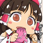  bad_source blush_stickers brown_hair chibi chikado d: detached_sleeves expressionless female_pervert glove_in_mouth gloves hakurei_reimu licking looking_at_viewer mouth_hold open_mouth pervert pink_gloves red_eyes rubber_gloves solo touhou translated wet wet_clothes 