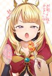  anger_vein bangs blonde_hair blush cagliostro_(granblue_fantasy) cape crown fang food granblue_fantasy hairband highres holding holding_spoon kamiya_zuzu long_hair looking_at_viewer open_mouth purple_eyes solo_focus spoon translated 