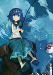  absurdres baggy_pants blue_eyes blue_hair blue_sky capri_pants cloud day fishing_rod full_body hairband highres kaamin_(mariarose753) pants poke_ball pokemon pokemon_(game) pokemon_sm shirt sitting sky sleeveless sleeveless_shirt slippers smile solo suiren_(pokemon) swimsuit swimsuit_under_clothes trial_captain 