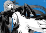  belt blue_background coat crotch crotch_plate fate/extra fate/extra_ccc fate_(series) hair_ribbon long_hair meltlilith monochrome navel pt revealing_clothes ribbon signature sleeves_past_wrists solo very_long_hair 
