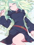  blue_eyes diana_cavendish hood hood_down light_green_hair little_witch_academia long_hair looking_at_viewer lying on_back skirt solo sou_(tuhut) witch 