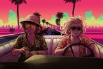  akamatsu_kaede alternate_costume ballooncar beamed_sixteenth_notes beer_can black_hair blonde_hair bucket_hat can car cigarette convertible cosplay danganronpa driving fear_and_loathing_in_las_vegas ground_vehicle harukawa_maki hat hawaiian_shirt highres hunter_s_thompson hunter_s_thompson_(cosplay) left-hand_drive looking_down motor_vehicle multiple_girls musical_note musical_note_hair_ornament new_danganronpa_v3 palm_tree parody raoul_duke raoul_duke_(cosplay) scrunchie shirt smoking sunglasses sunset tied_hair tree twintails watch 