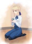  ahoge artoria_pendragon_(all) bad_id bad_pixiv_id blonde_hair bow braid cup fate/stay_night fate_(series) fateline_alpha hair_bow high-waist_skirt highres holding holding_cup pantyhose saber seiza sidelocks sitting skirt smile solo 