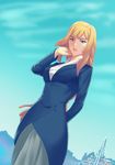  arm_behind_back bad_id bad_pixiv_id blonde_hair dutch_angle fateline_alpha gundam gundam_tekketsu_no_orphans highres kudelia_aina_bernstein long_hair looking_at_viewer parted_lips purple_eyes solo 