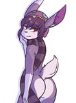  2017 anthro blush butt crackers fur hair half-closed_eyes hat inner_ear_fluff lagomorph looking_back male mammal rabbit ravio_(rabbit_form) red_eyes scarf simple_background solo white_background 