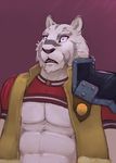  2017 abs anthro blue_eyes clothed clothing feline fur grimoire_of_zero kemono koorivlf male mammal mercenary_(character) muscular muscular_male pecs simple_background solo stripes tiger white_fur 